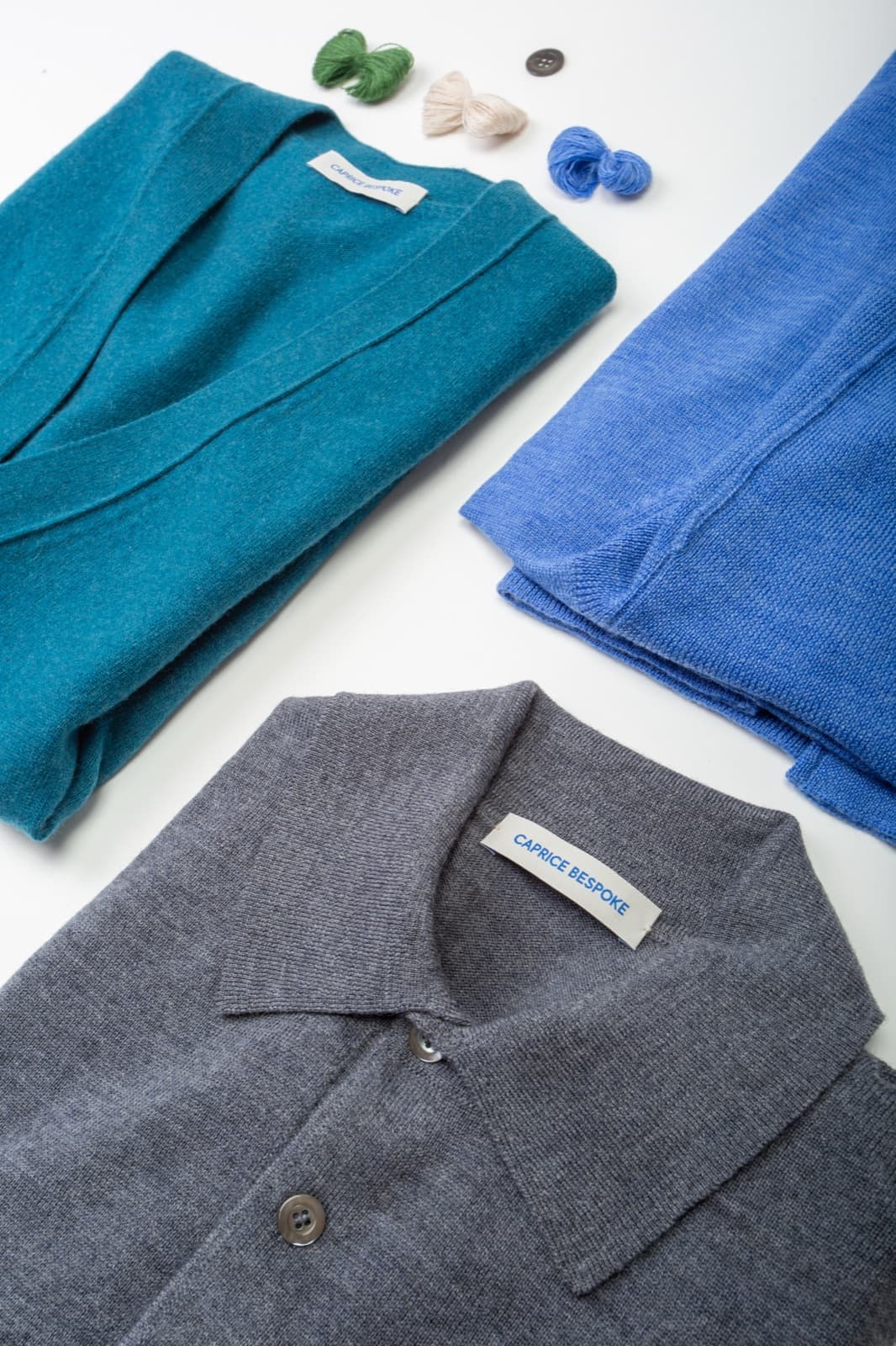 Caprice Bespoke made-to-measure knitwear with tailoring threads and horn buttons